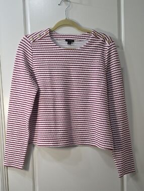 Ann Taylor White & Red Striped Crewneck Sweater with Gold Buttons - Medium